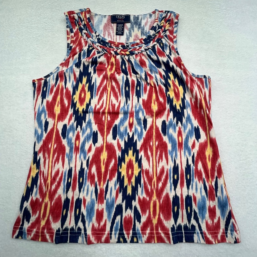 Chaps Women's Petite Medium (PM) Sleeveless Boho Tank Top Braided Abstract Ikat